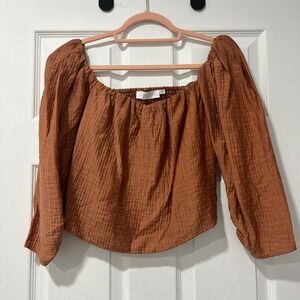 ASTR THE LABEL Smocked Top Size Large‎ Half Sleeve Cropped Textured Warm Brown
